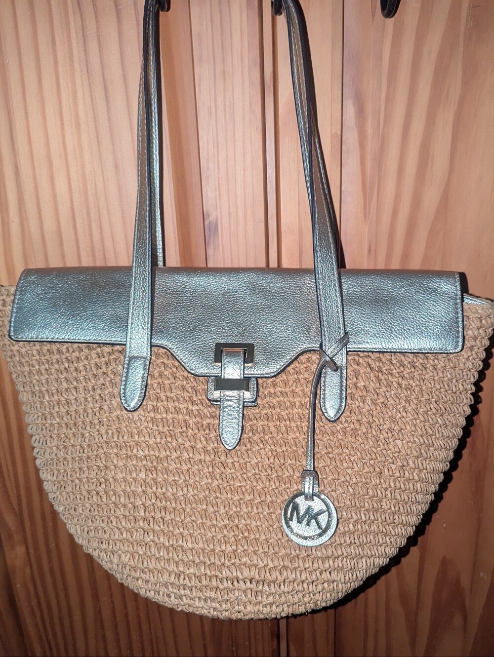 Michael Kors Naomi Large Wowen Straw Tote with Gold Metallic Flap And Straps